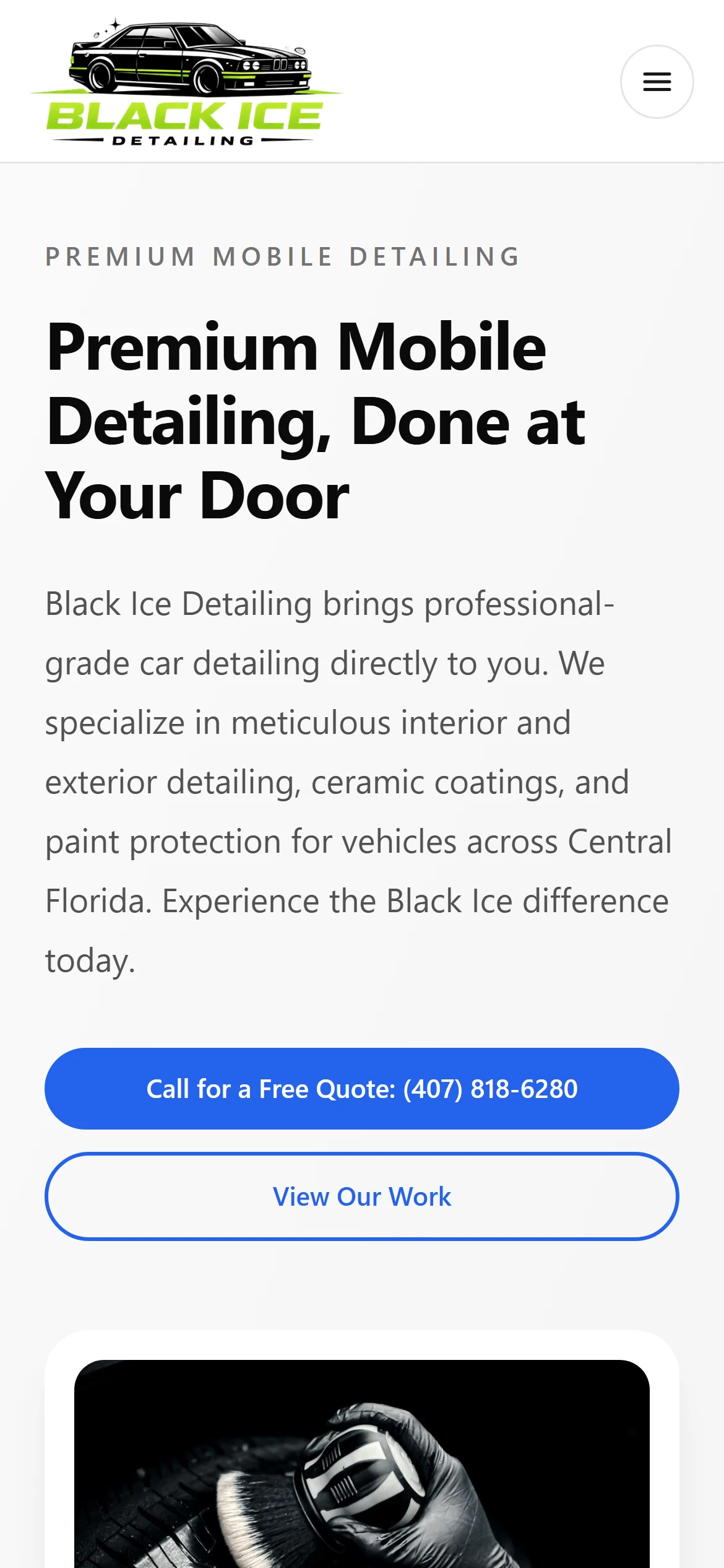 The home page on a phone: the sticky header with the menu button, the headline Premium Mobile Detailing, Done at Your Door, and a tap-to-call Call for a Free Quote button.