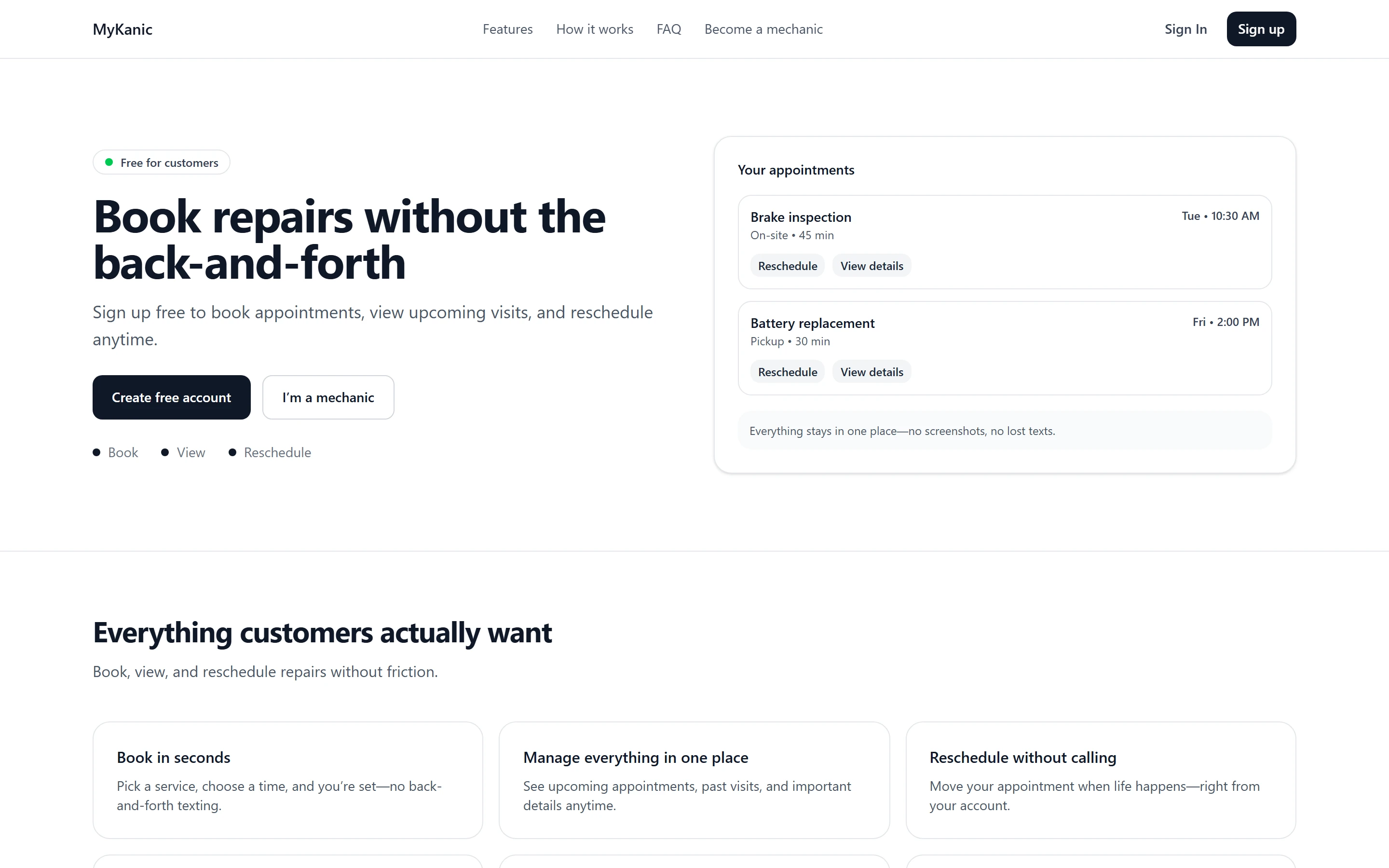 MyKanic home page: a white hero with the headline and a call to action, followed by feature, how-it-works and FAQ sections.