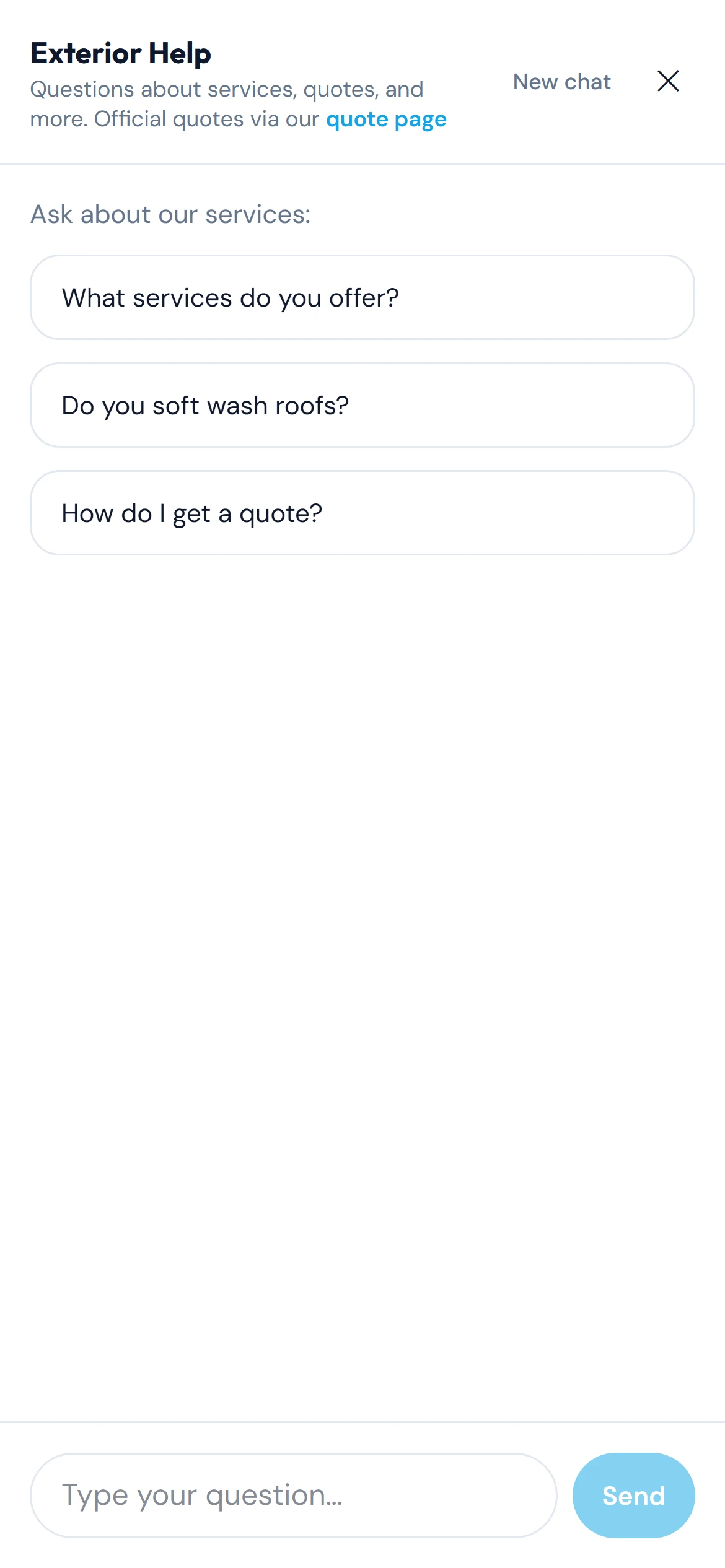 The Exterior Help chat panel filling a phone screen, with three starter prompts and the message box.