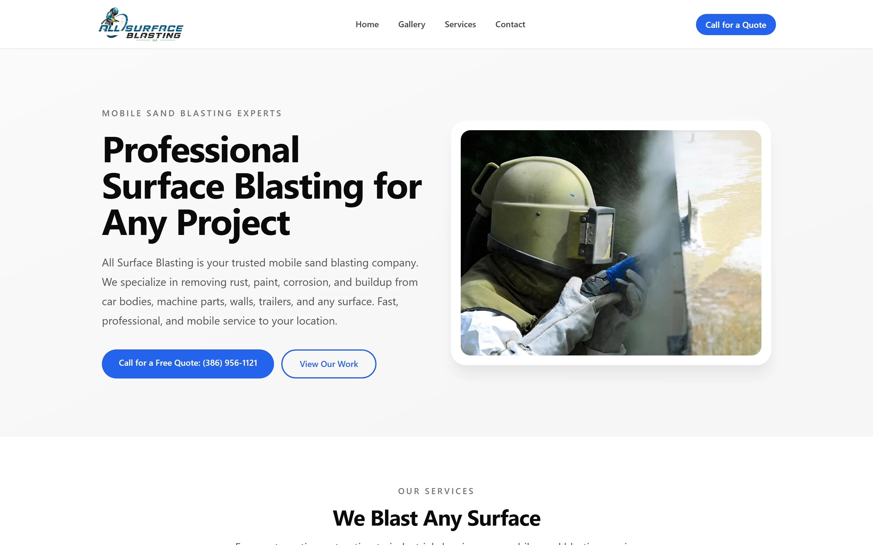 All Surface Blasting home page: the headline Professional Surface Blasting for Any Project over a hero photo of a helmeted blaster, with a Call for a Free Quote button and a View Our Work button, under a sticky header with its own Call for a Quote button.