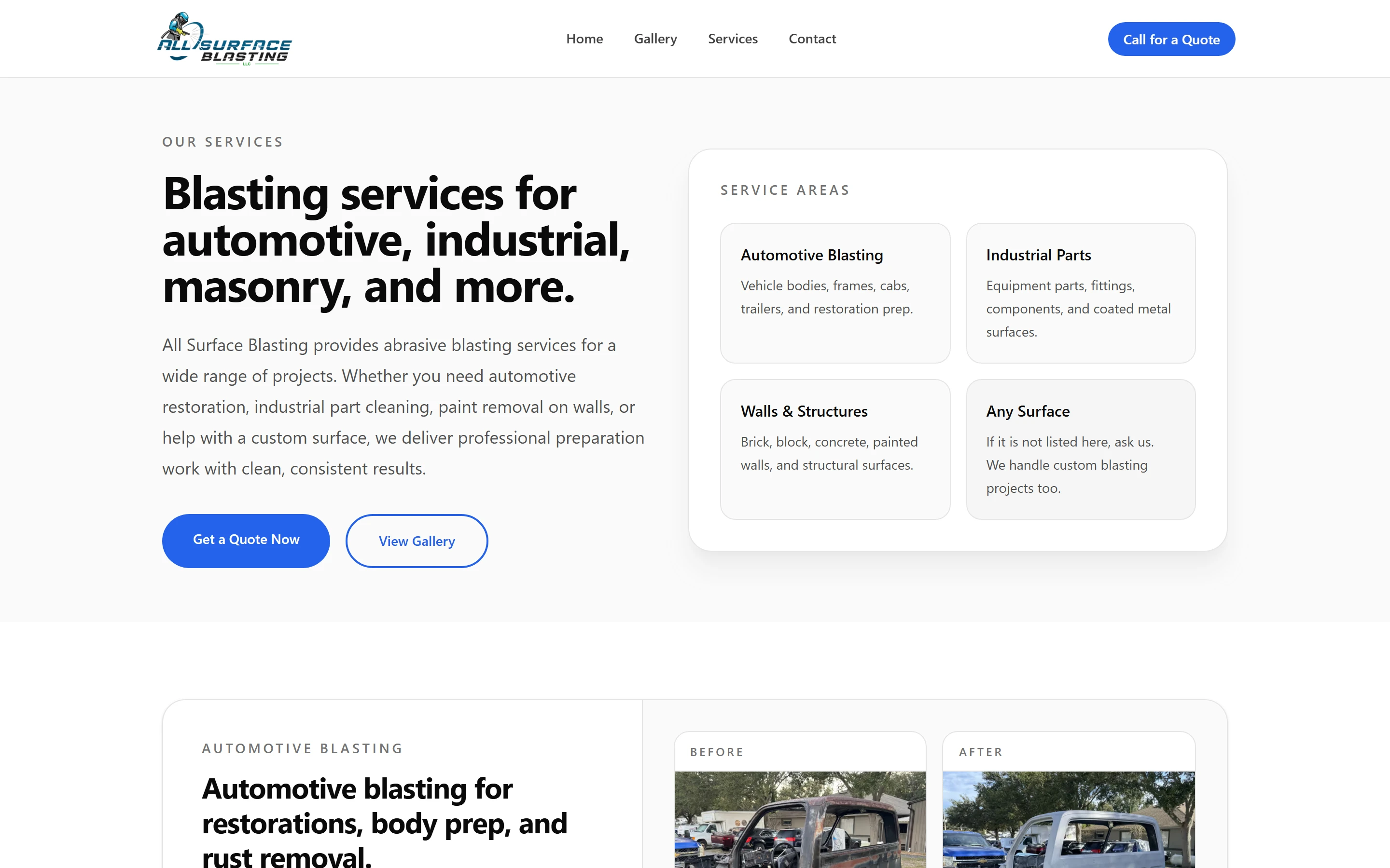 The services page, which pairs each of the three service lines, Automotive, Industrial Parts, and Walls and Structures, with its own before-and-after photo pair and an Ask About This Service button.