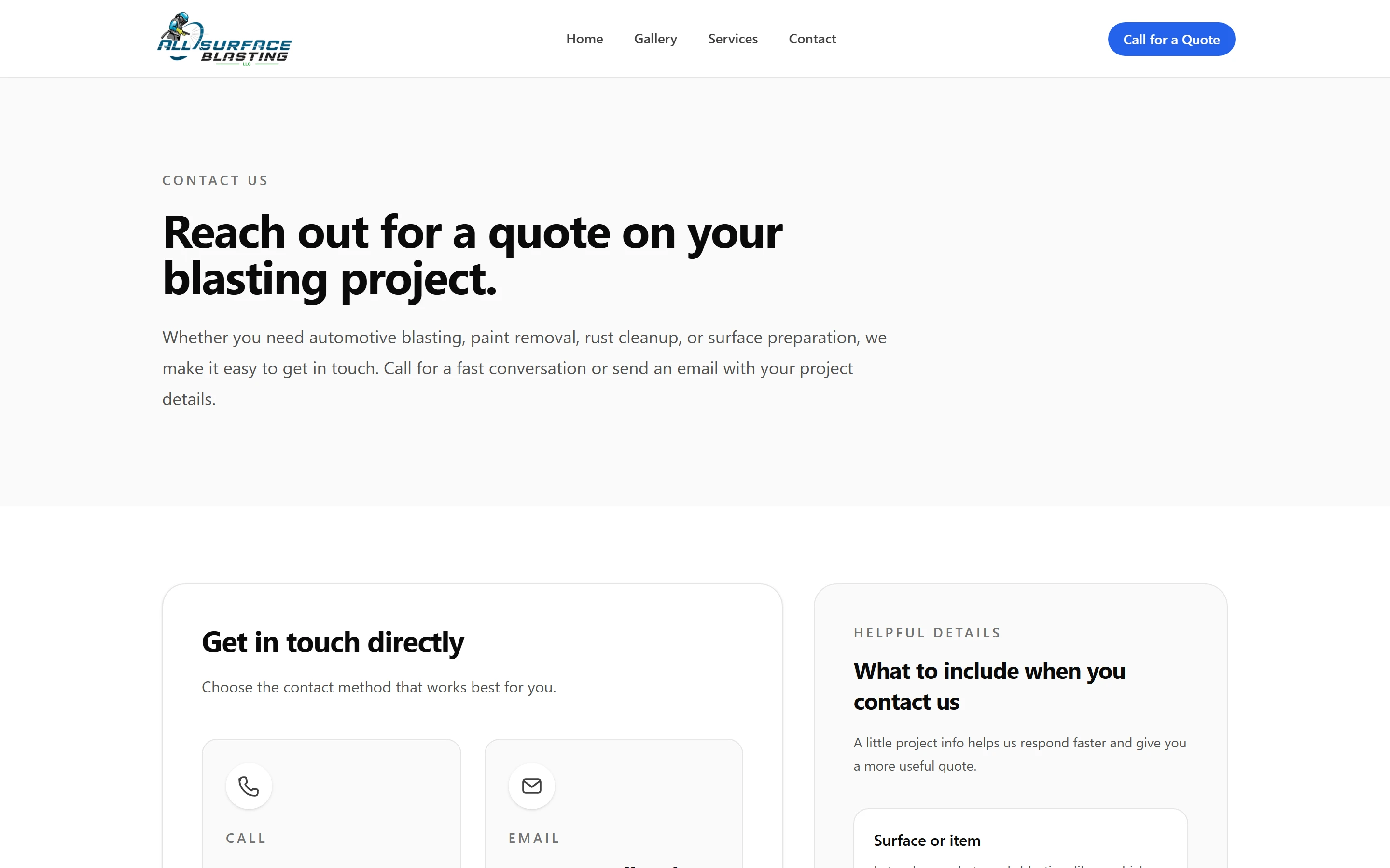 The contact page: large Call and Email cards beside a What to Include checklist asking for the surface or item, its current condition, photos and timing.