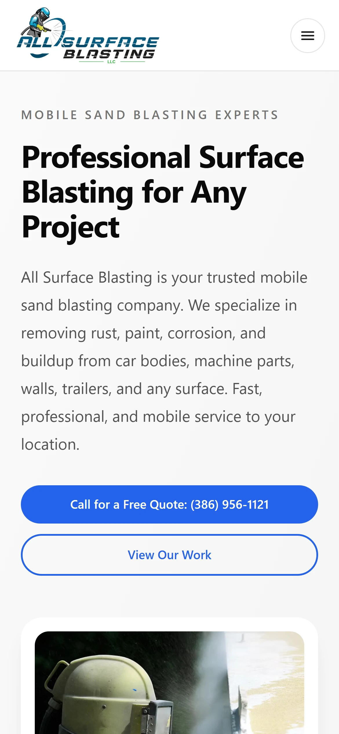 The home page on a phone: the sticky header with the menu button, the headline Professional Surface Blasting for Any Project, and a tap-to-call Call for a Free Quote button.