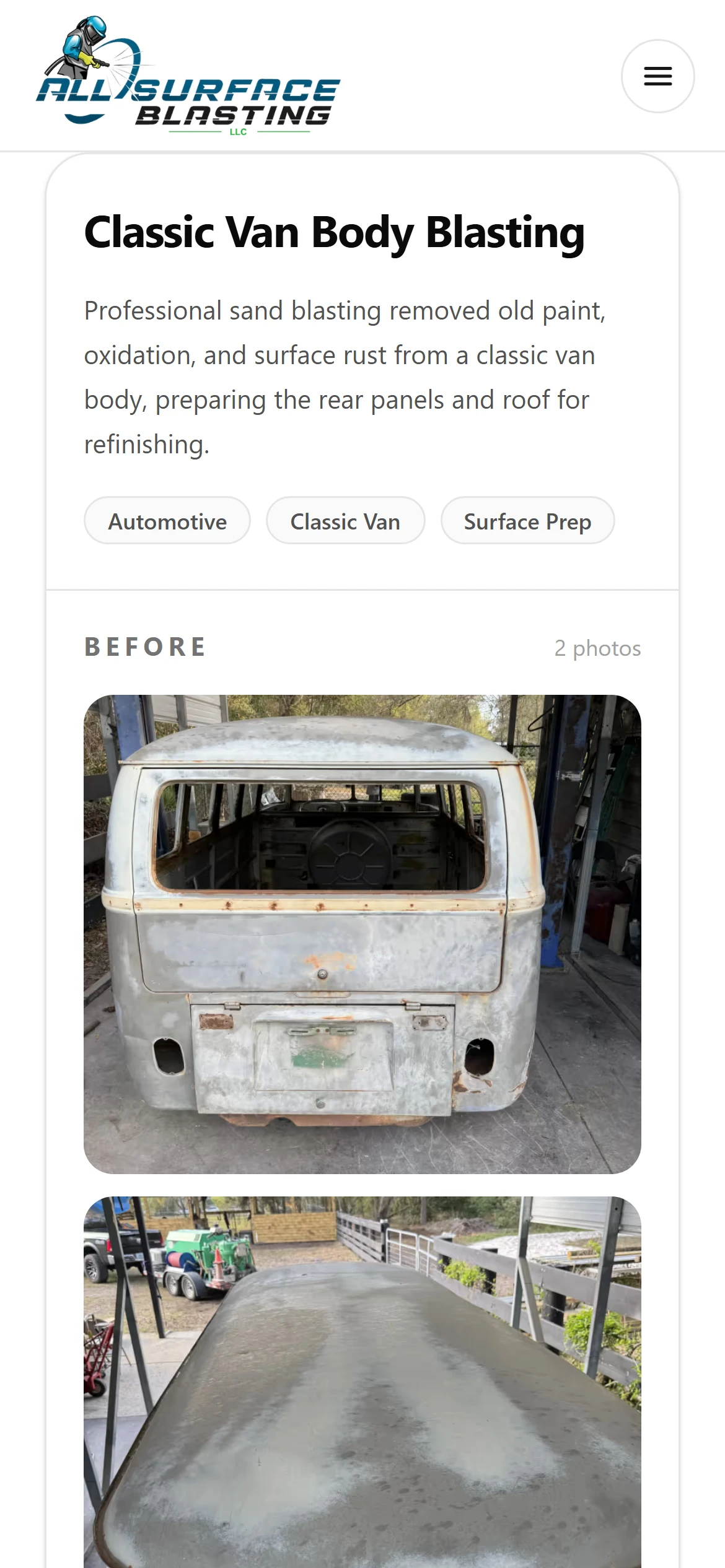 The gallery on a phone, scrolled to the first project card: the project title and tag pills above its Before and After photo columns stacked in a single column.