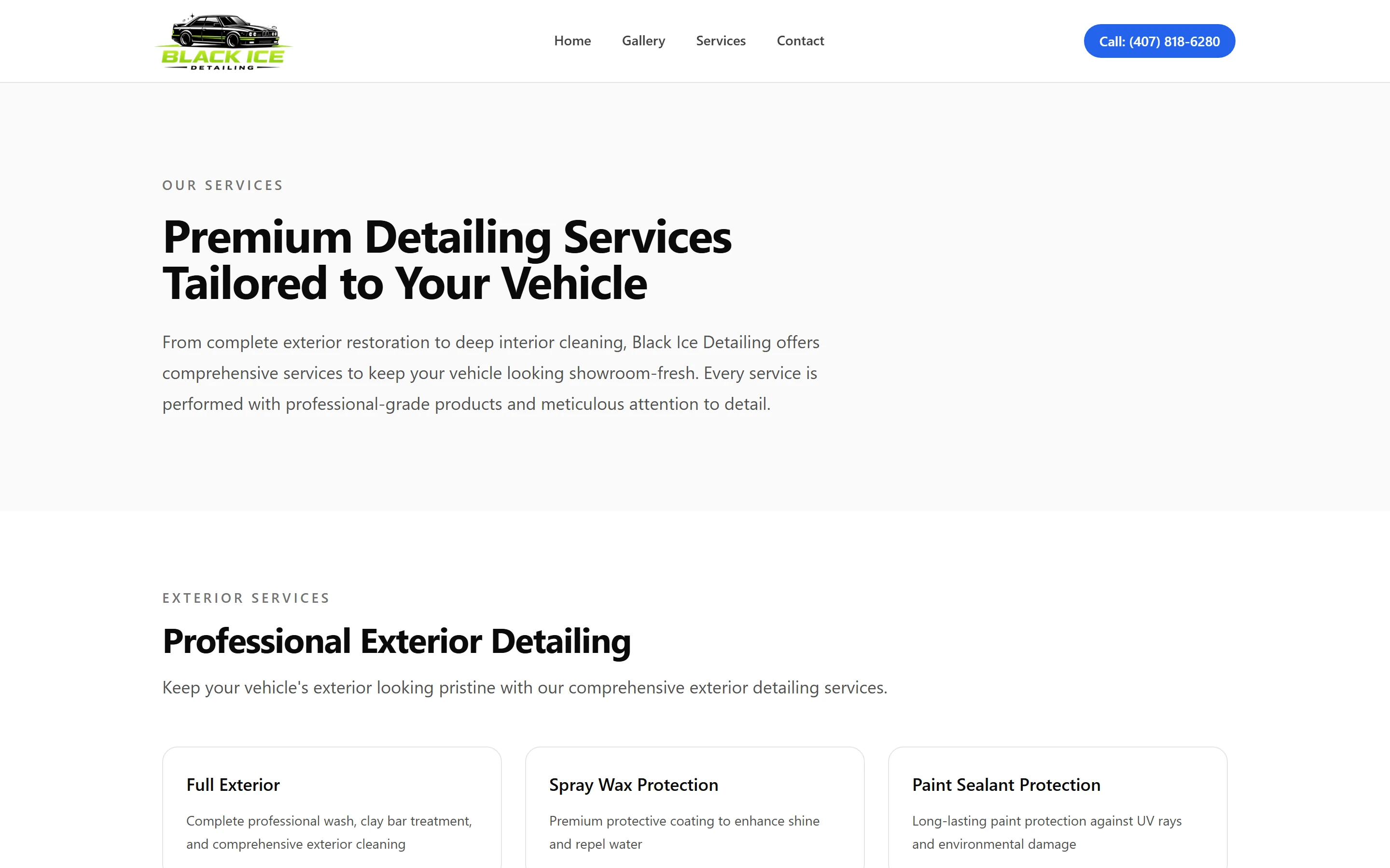 The services page: the heading Premium Detailing Services Tailored to Your Vehicle, its intro and the Exterior Services section with the first service cards, under the sticky header with its Call button.
