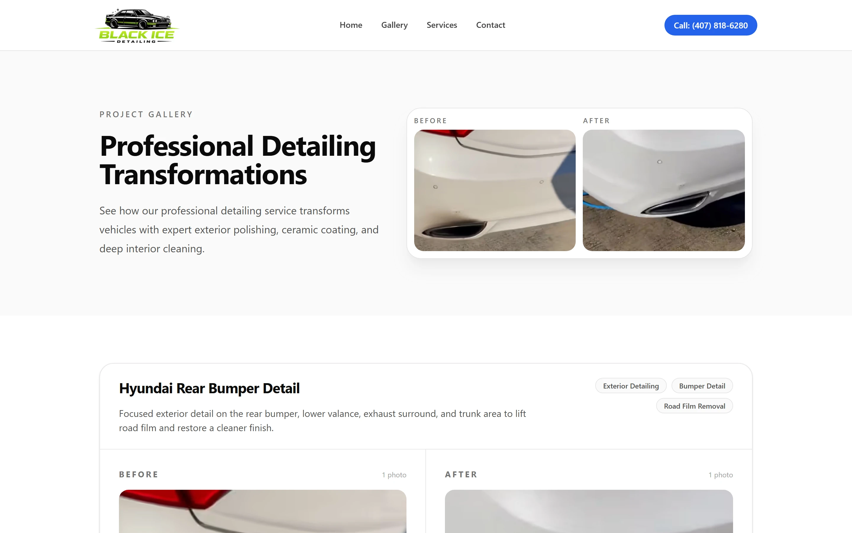 The gallery page: the heading Project Gallery, the line Professional Detailing Transformations and a featured Before and After photo pair from the Hyundai rear bumper job.