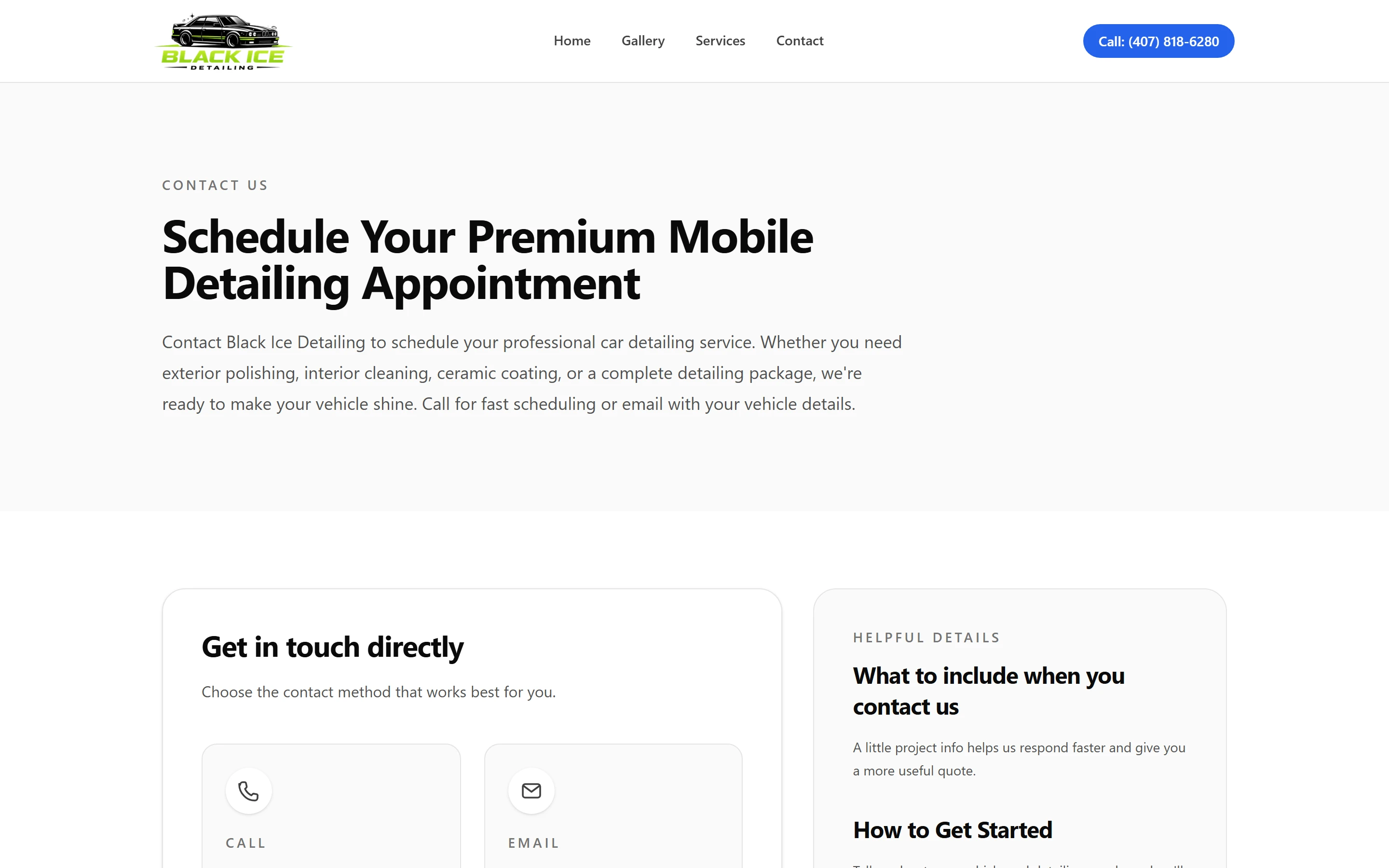 The contact page: the Contact Us eyebrow, the heading Schedule Your Premium Mobile Detailing Appointment, a Get in touch directly panel with the tops of a Call card and an Email card, beside a Helpful Details panel headed What to include when you contact us.
