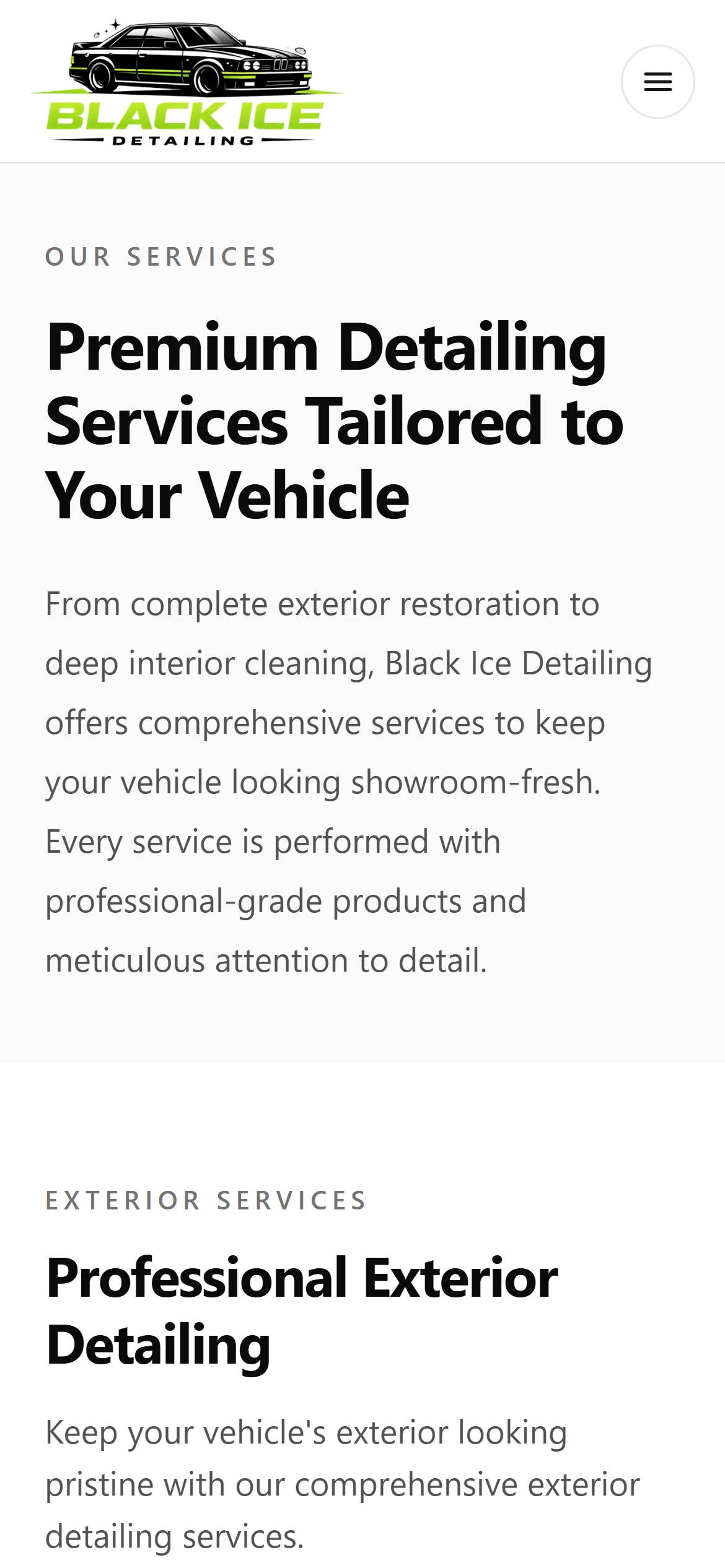 The services page on a phone: the sticky header with its menu button, the heading Premium Detailing Services Tailored to Your Vehicle and the start of the Exterior Services menu stacked in one column.