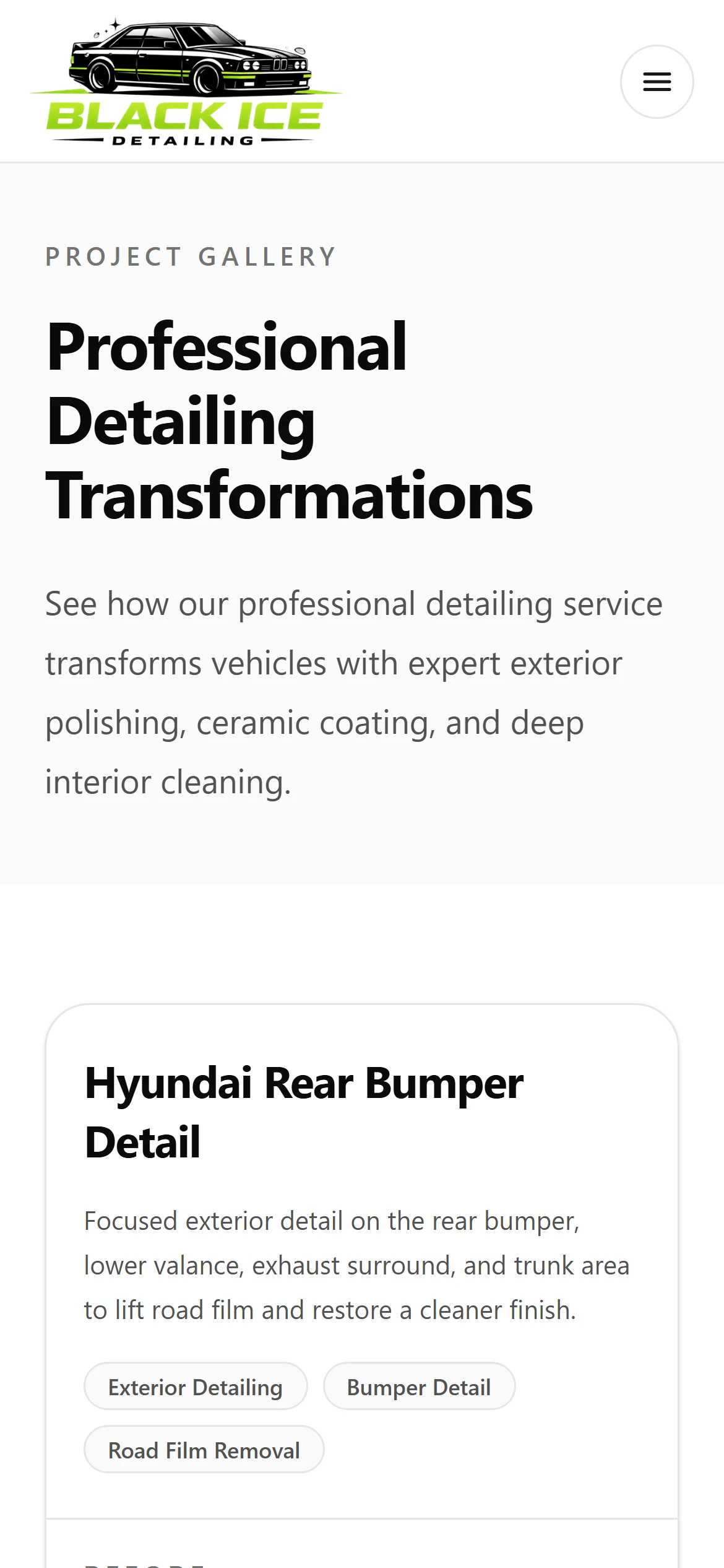The gallery page on a phone: the sticky header with its menu button, the heading Project Gallery and the featured Before and After photos of the Hyundai rear bumper job stacked in one column.