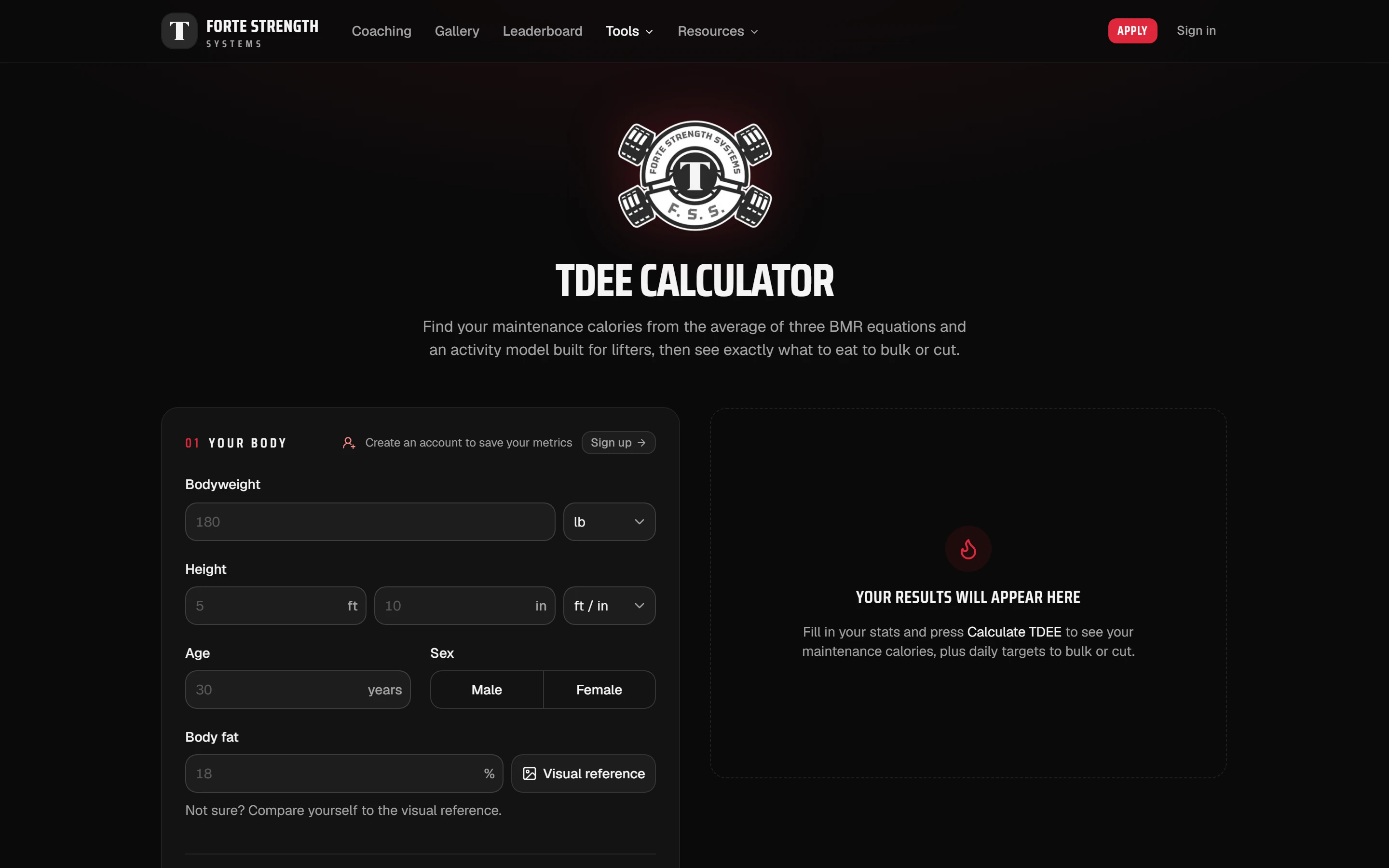 The free TDEE calculator: a form for body stats and activity next to maintenance calories, bulk and cut targets and macro splits.