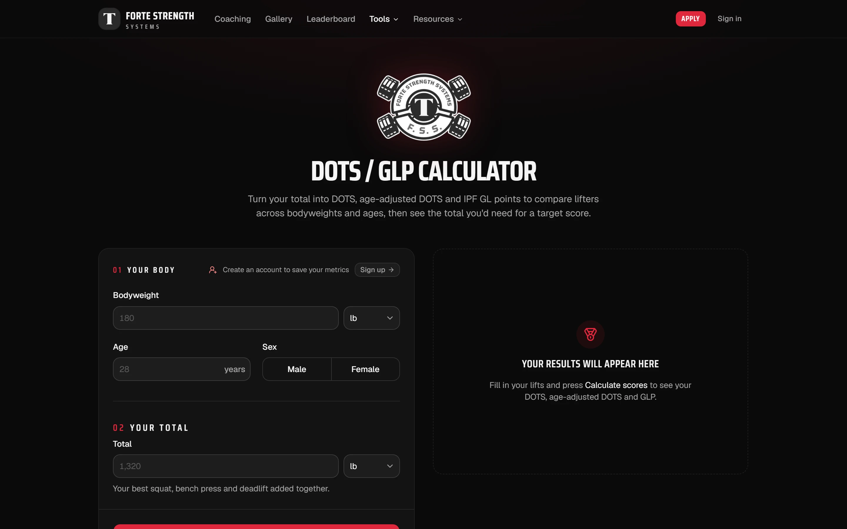The DOTS calculator: total and bodyweight inputs with DOTS, age-adjusted DOTS and IPF GL scores and a step-by-step formula breakdown.