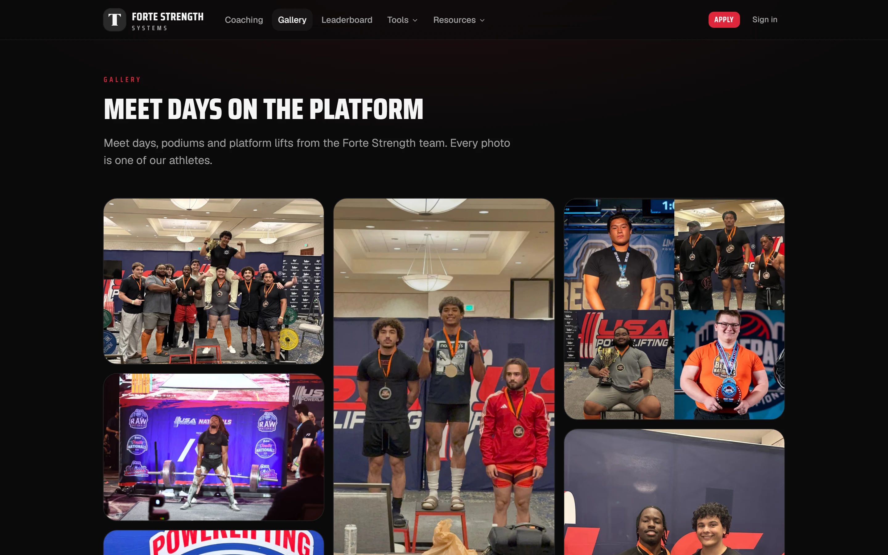 The gallery page: a photo grid of meet days, podiums and platform lifts.