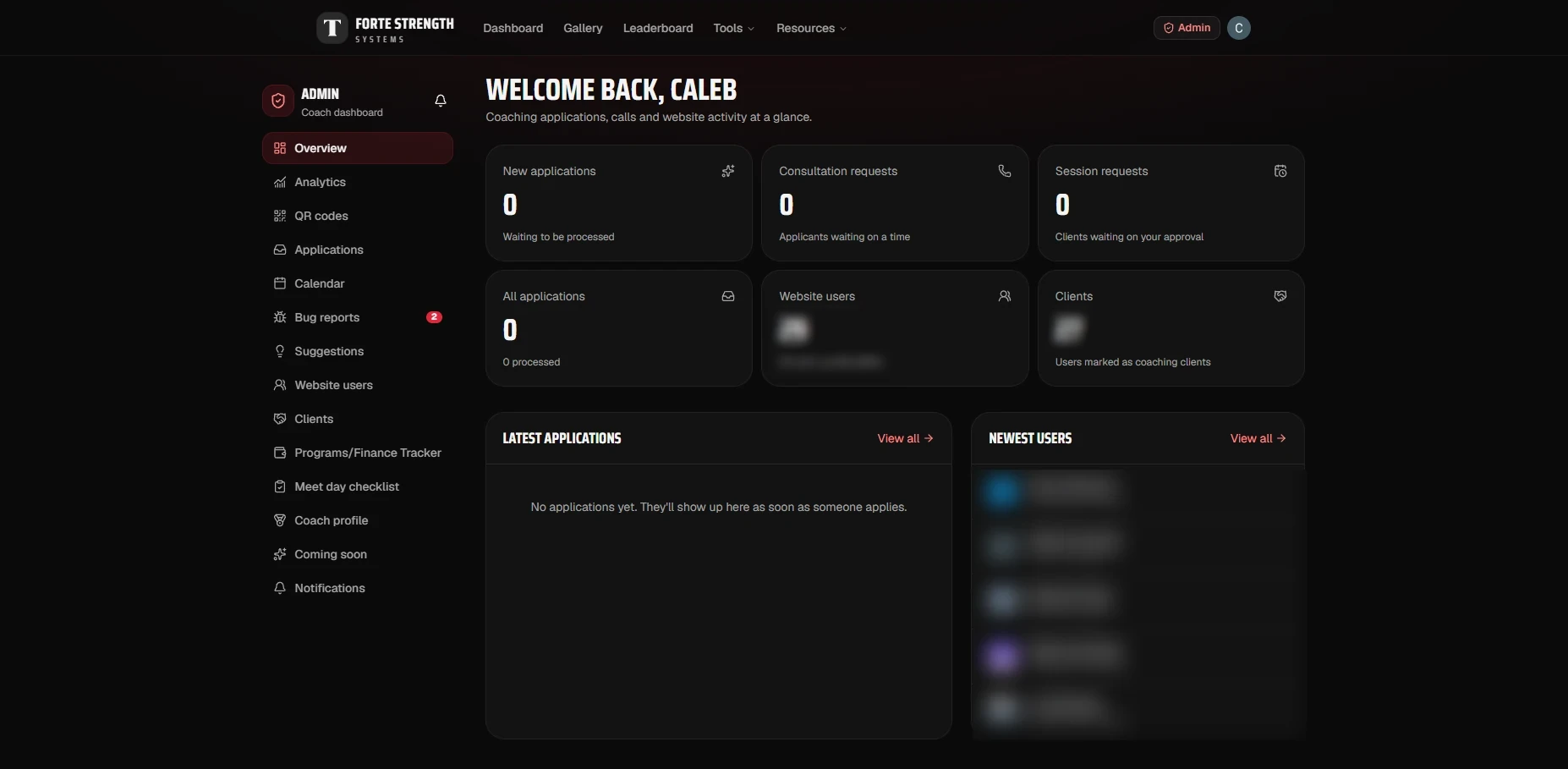 The admin overview: a sidebar of fourteen back-office sections next to tiles for new applications, call requests, website users and coaching clients, with the latest applications and newest sign-ups below.