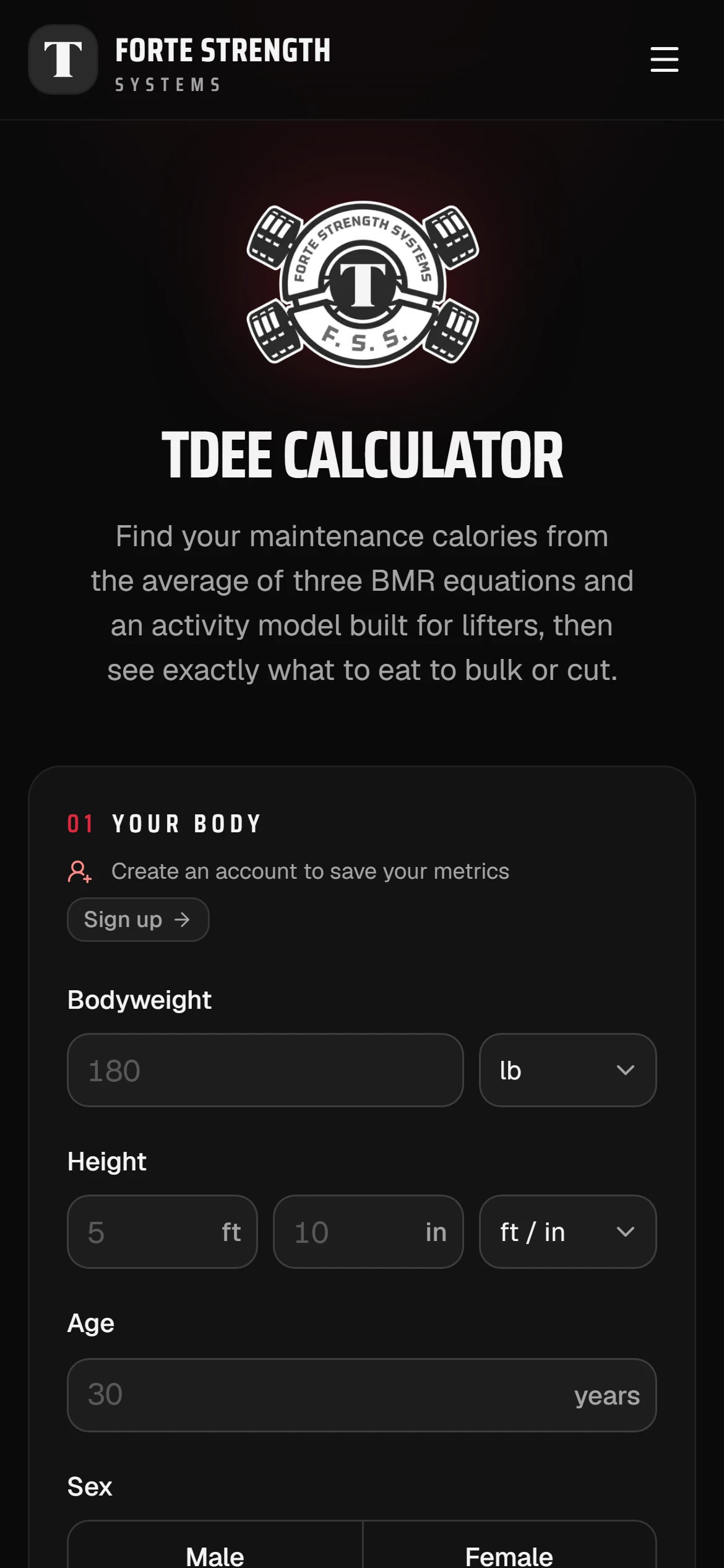The TDEE calculator form on a phone.