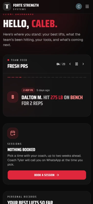 The client dashboard on a phone: the greeting, the team's Fresh PRs slideshow and the Book a session card.