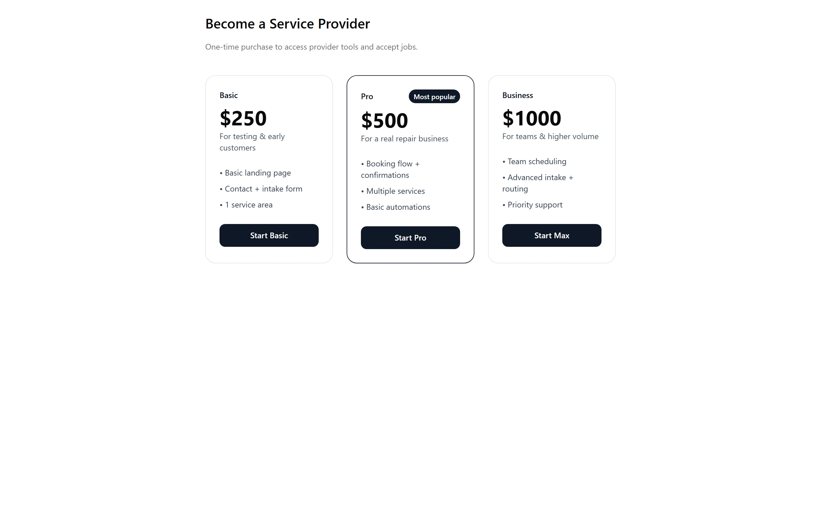 MyKanic pricing page with one-time plans for mechanics, each with a buy button that opens Stripe Checkout.