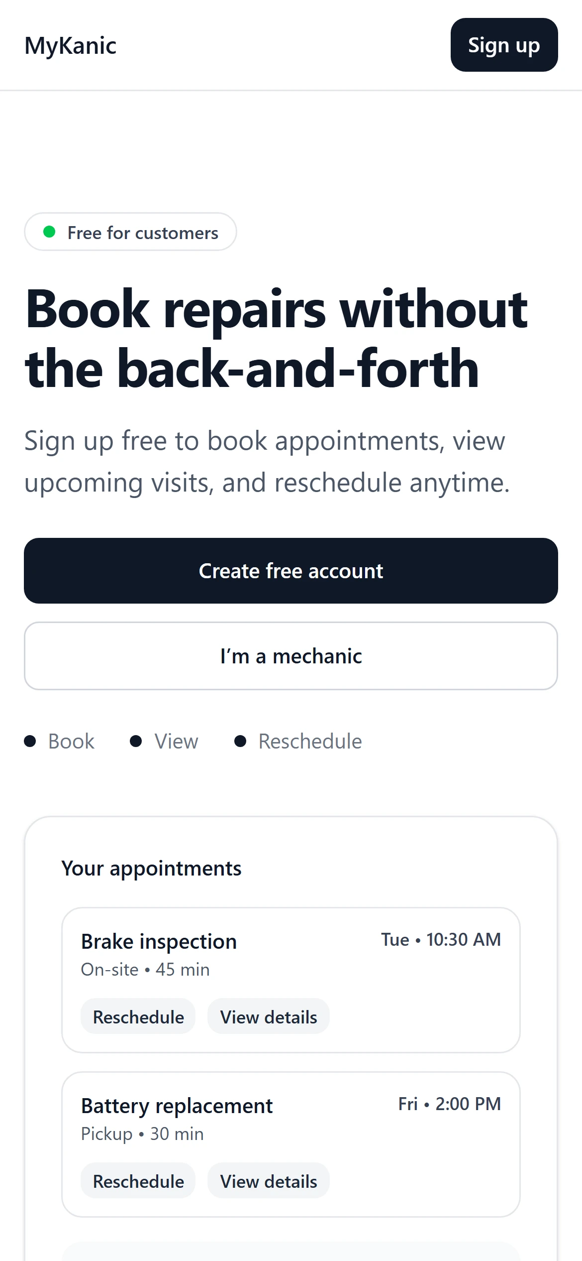 The MyKanic home page hero on a phone.