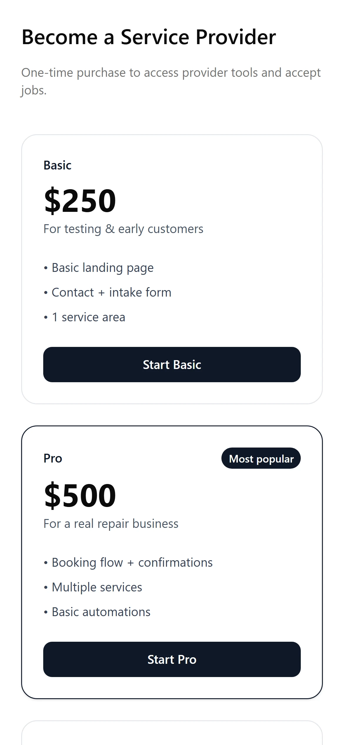 The MyKanic pricing page on a phone.