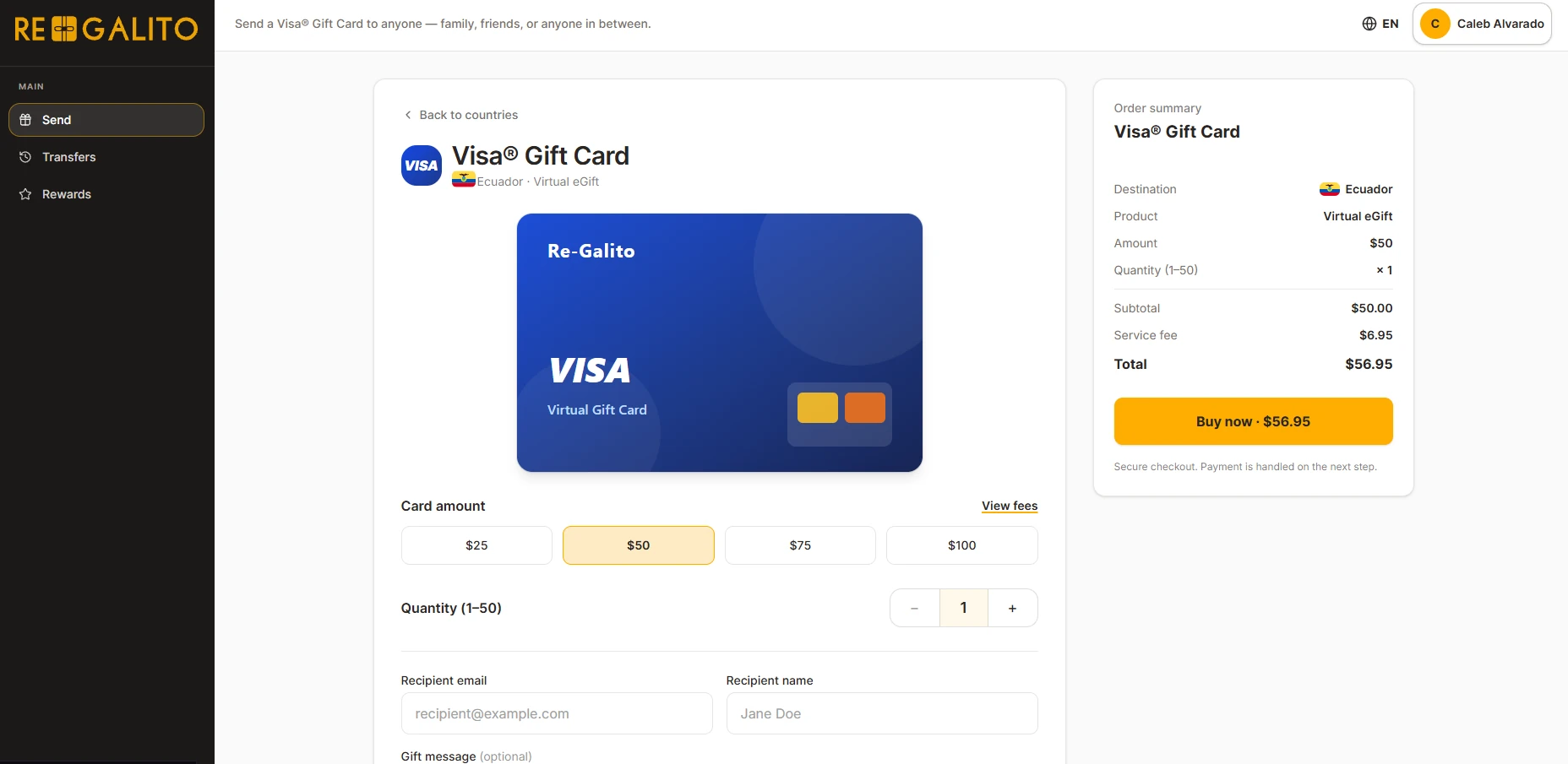 Purchase screen with a Visa card preview, amount chips, quantity, recipient fields, a gift message and a live order summary.