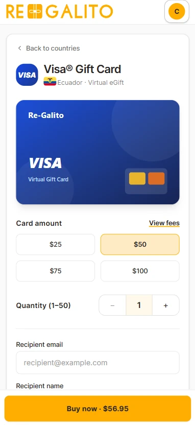 Purchase screen on a phone with the card preview, amount chips and a sticky Buy button.