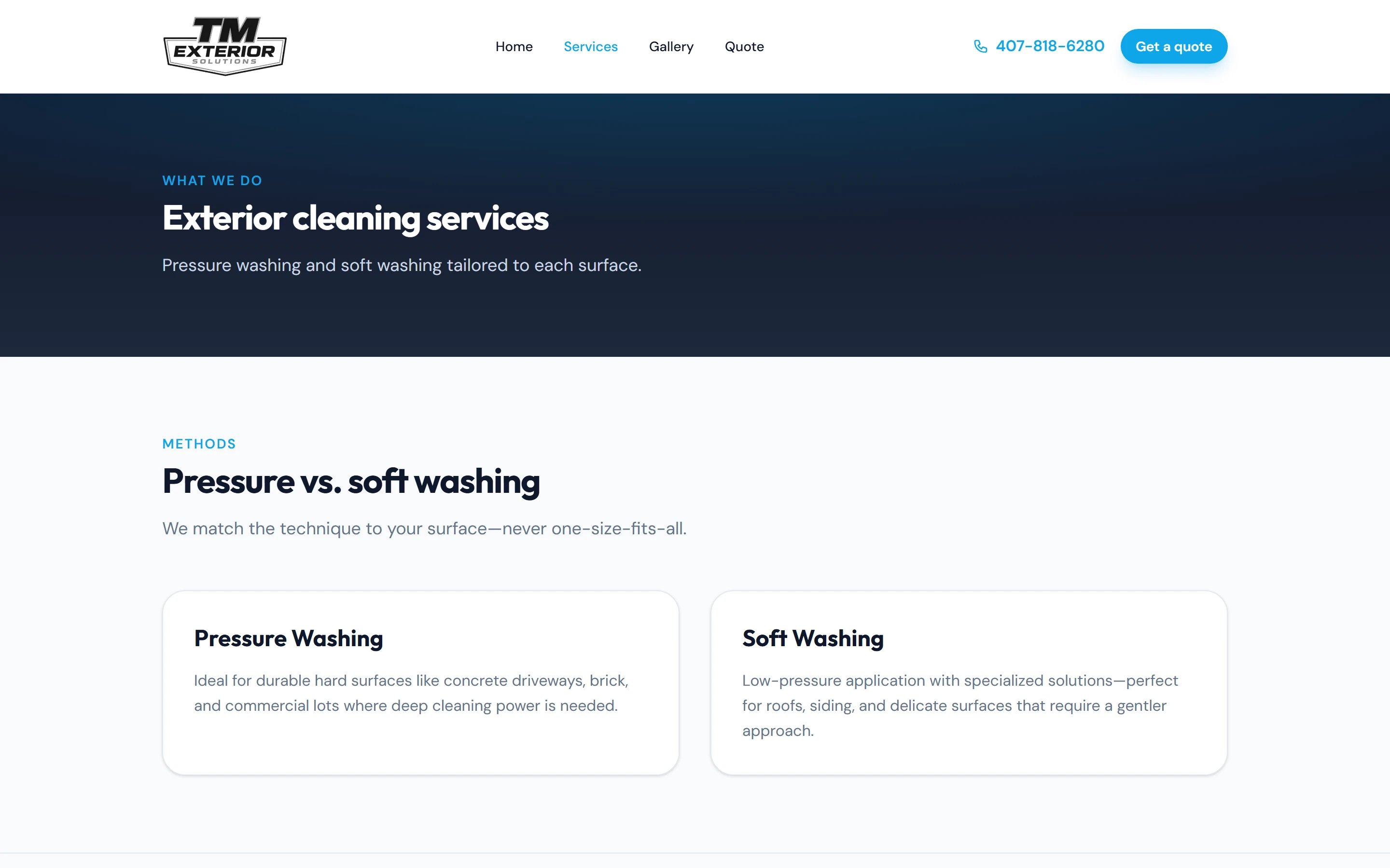 The services page on desktop, opening with the difference between pressure washing and soft washing.