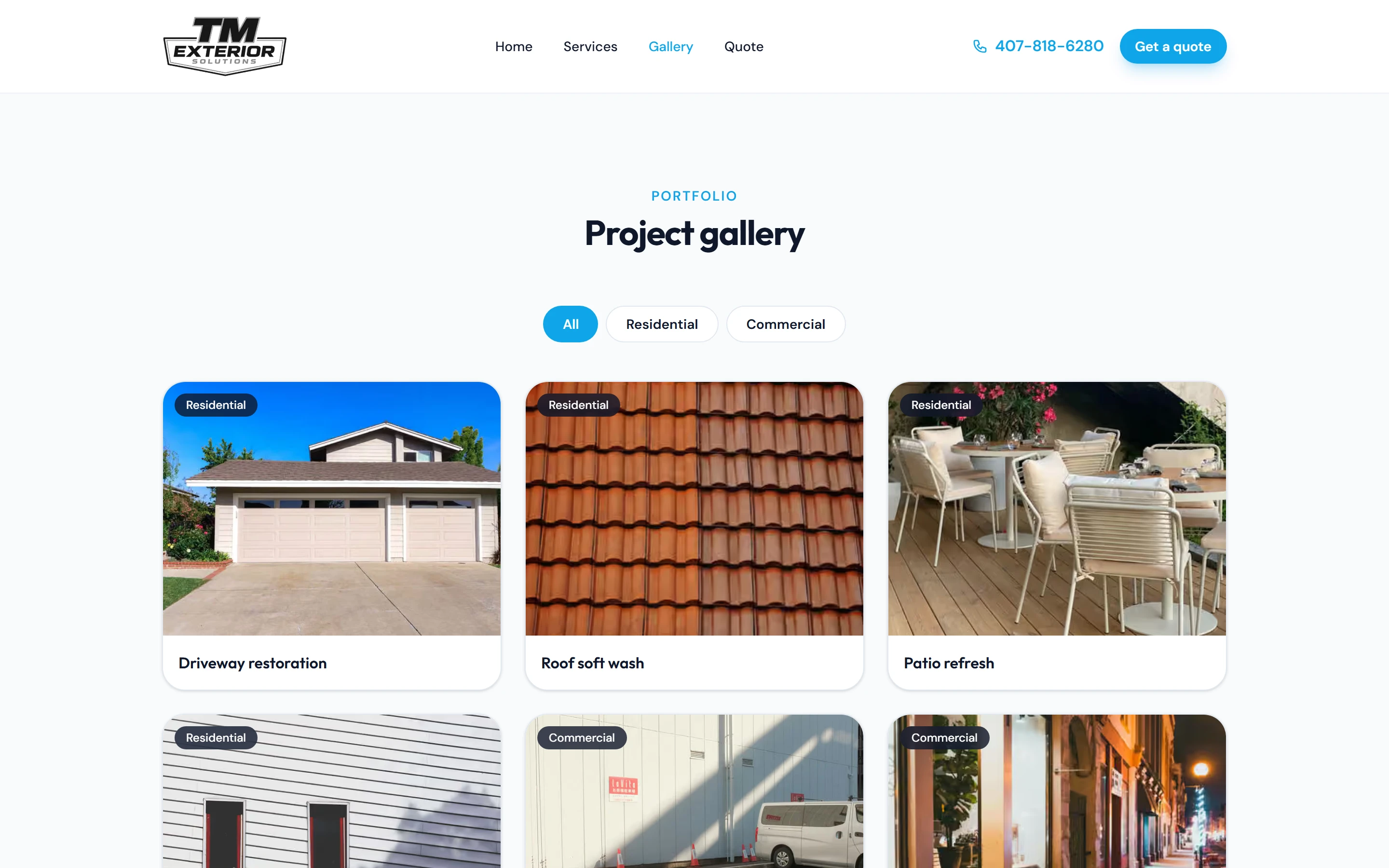 The gallery page on desktop with All, Residential and Commercial filter tabs above a photo grid with category badges.