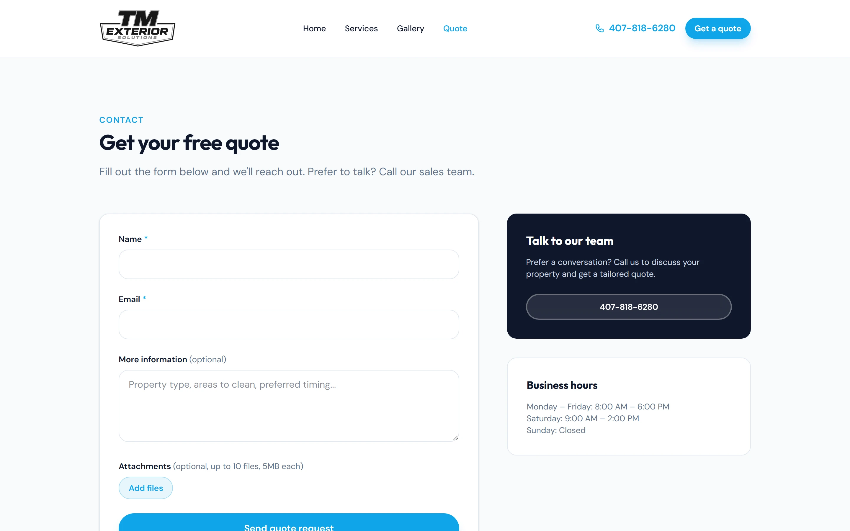 The quote page on desktop: a form with name, email and details fields and an attachment area for photos or PDFs, beside a sidebar with a call button and business hours.