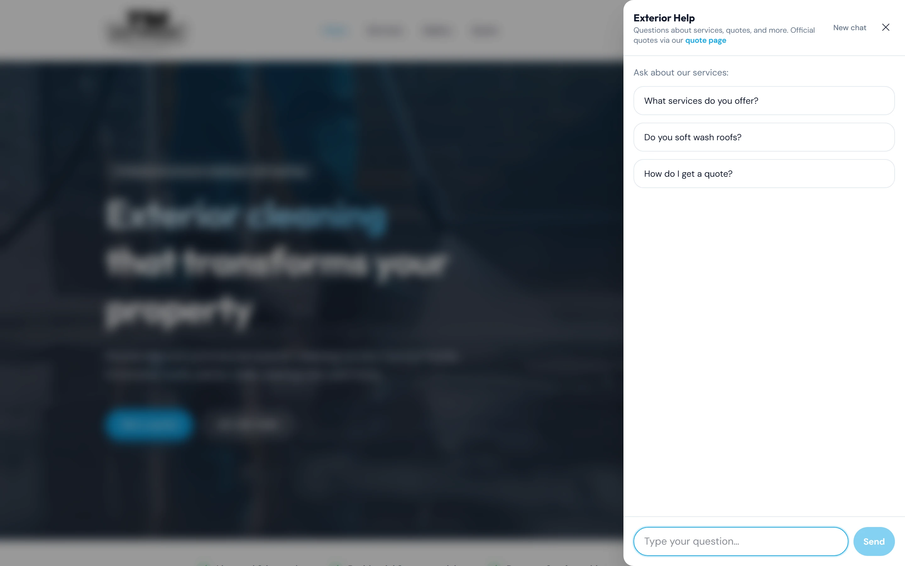 The Exterior Help chat drawer open on the right side of the home page on desktop, showing three starter prompts and the message box.