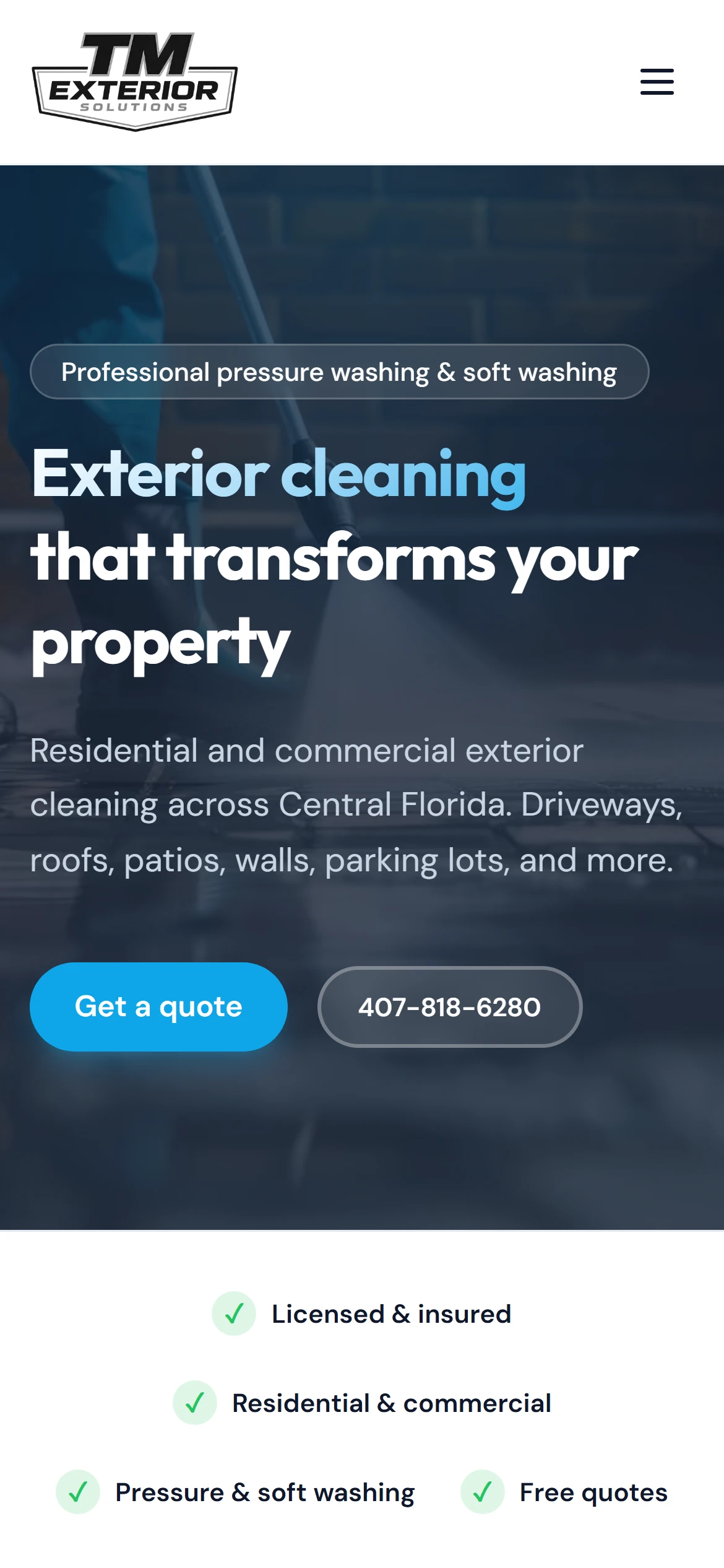 The home page hero on a phone with the headline and Get a quote and call buttons.