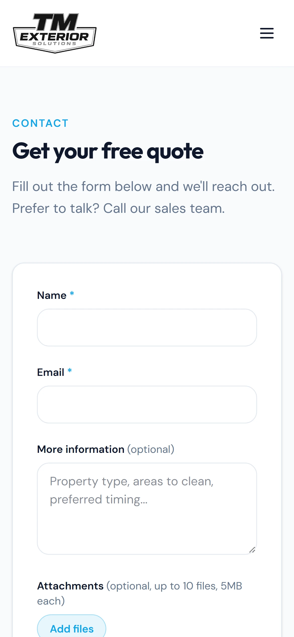 The quote form on a phone with name, email and details fields and the attachment area.