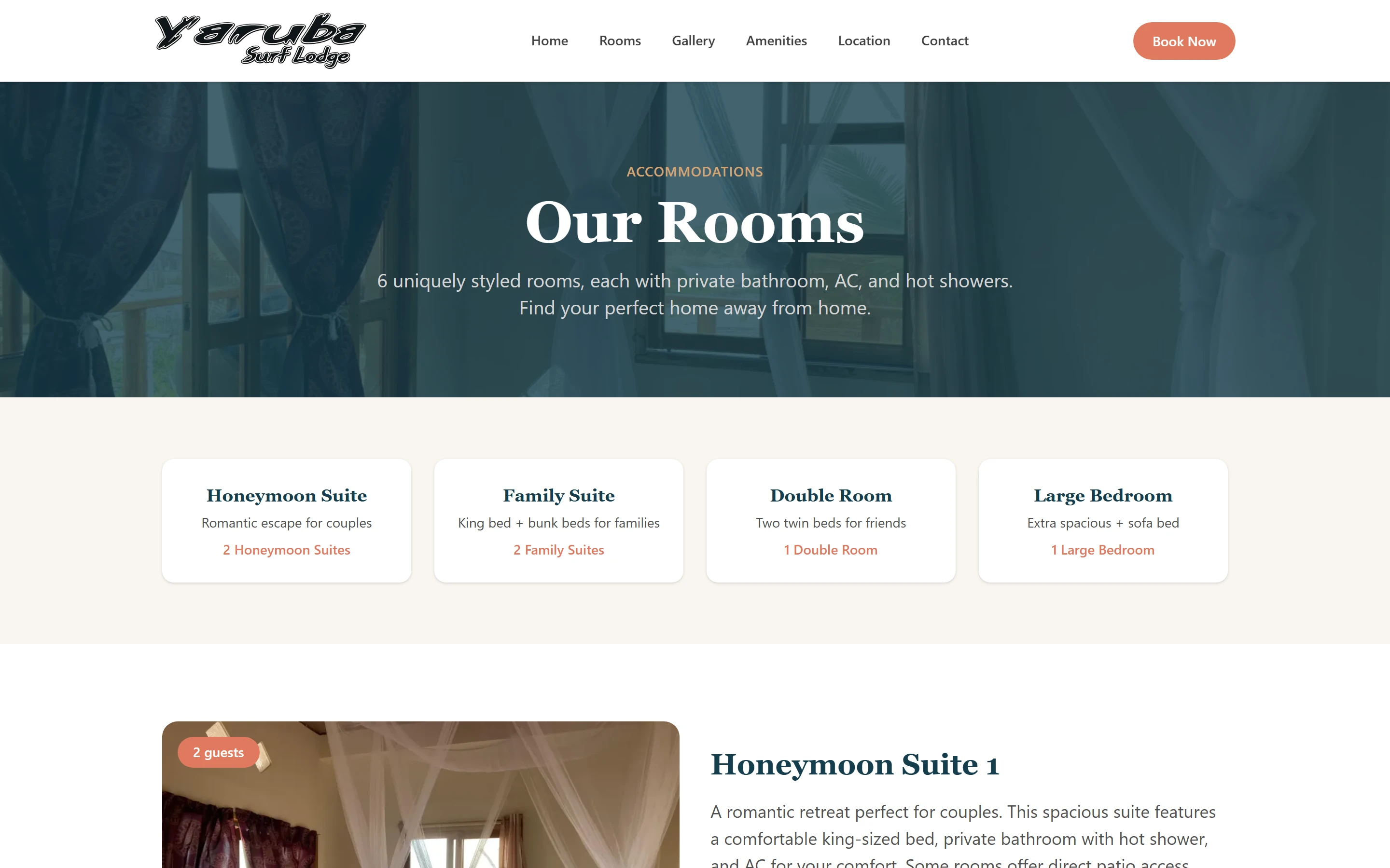 Rooms page: a dark teal title band, room-type shortcuts, and the room listings below, each with a capacity badge, a feature checklist and a coral Book Now button.