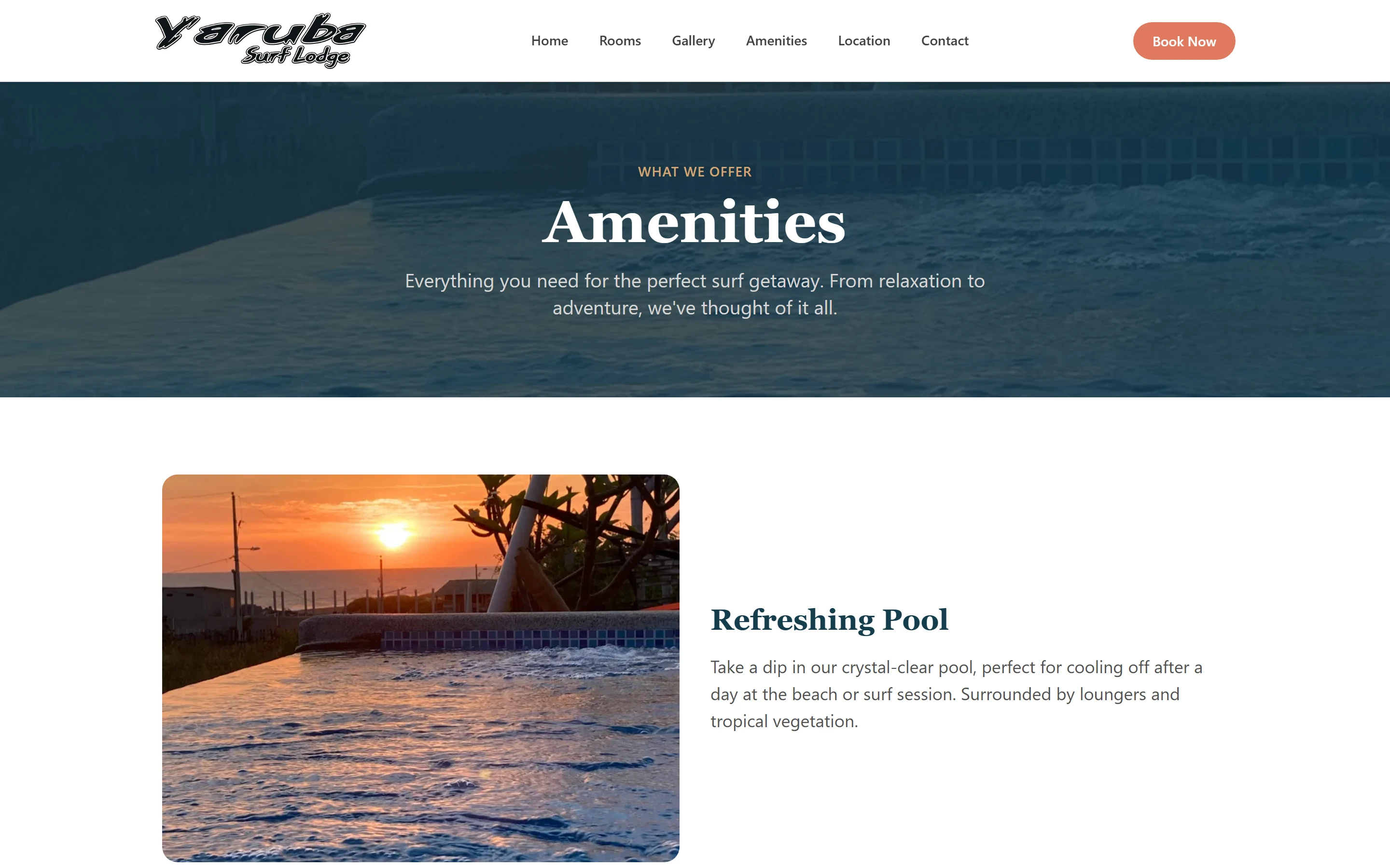 Amenities page: a dark teal title band over a faded property photo, then rows that alternate a photo on one side and a short description on the other for each amenity.