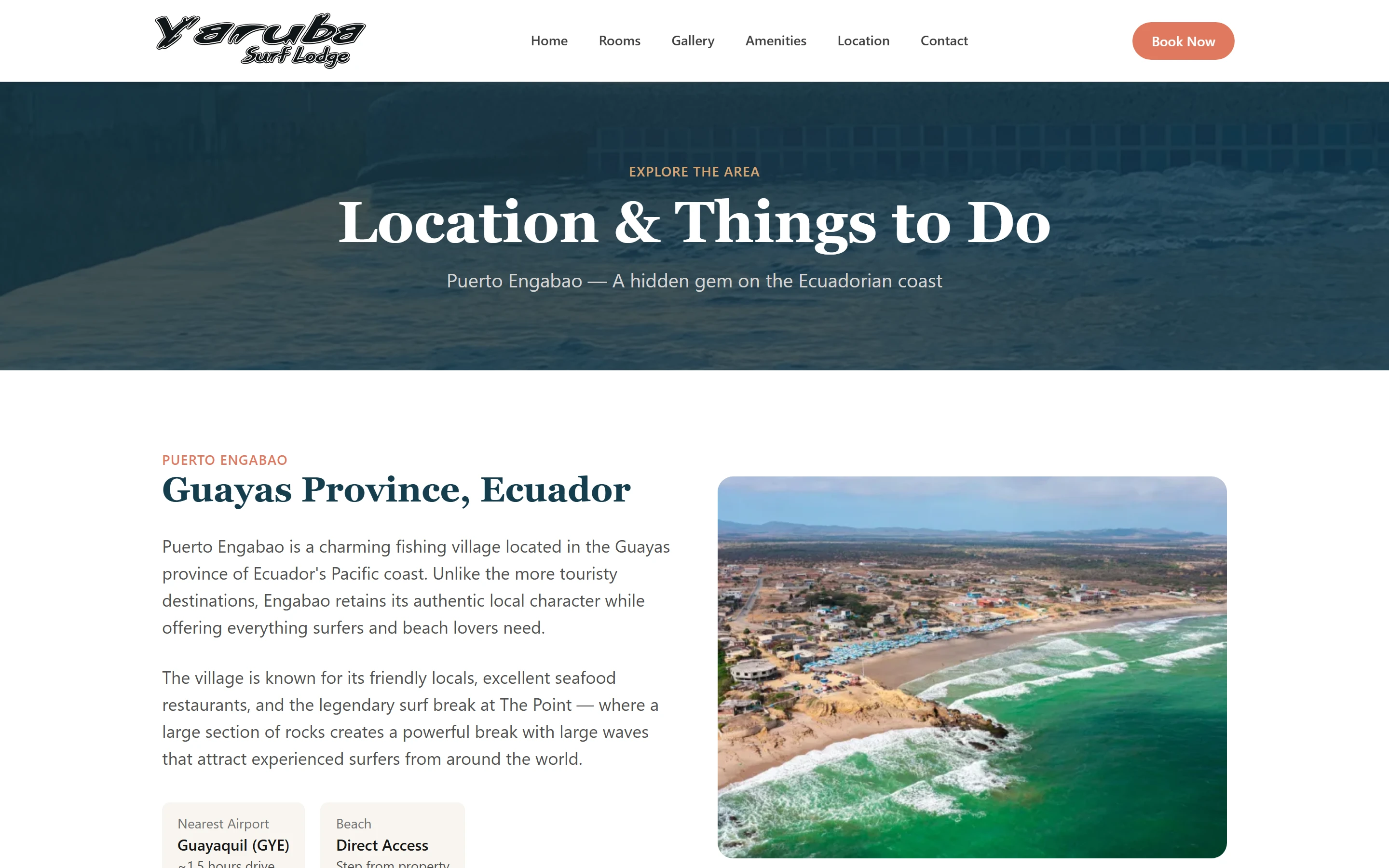 Location page: an introduction to Puerto Engabao with quick-fact chips, followed by nearby attractions and a grid of Things to Do cards.
