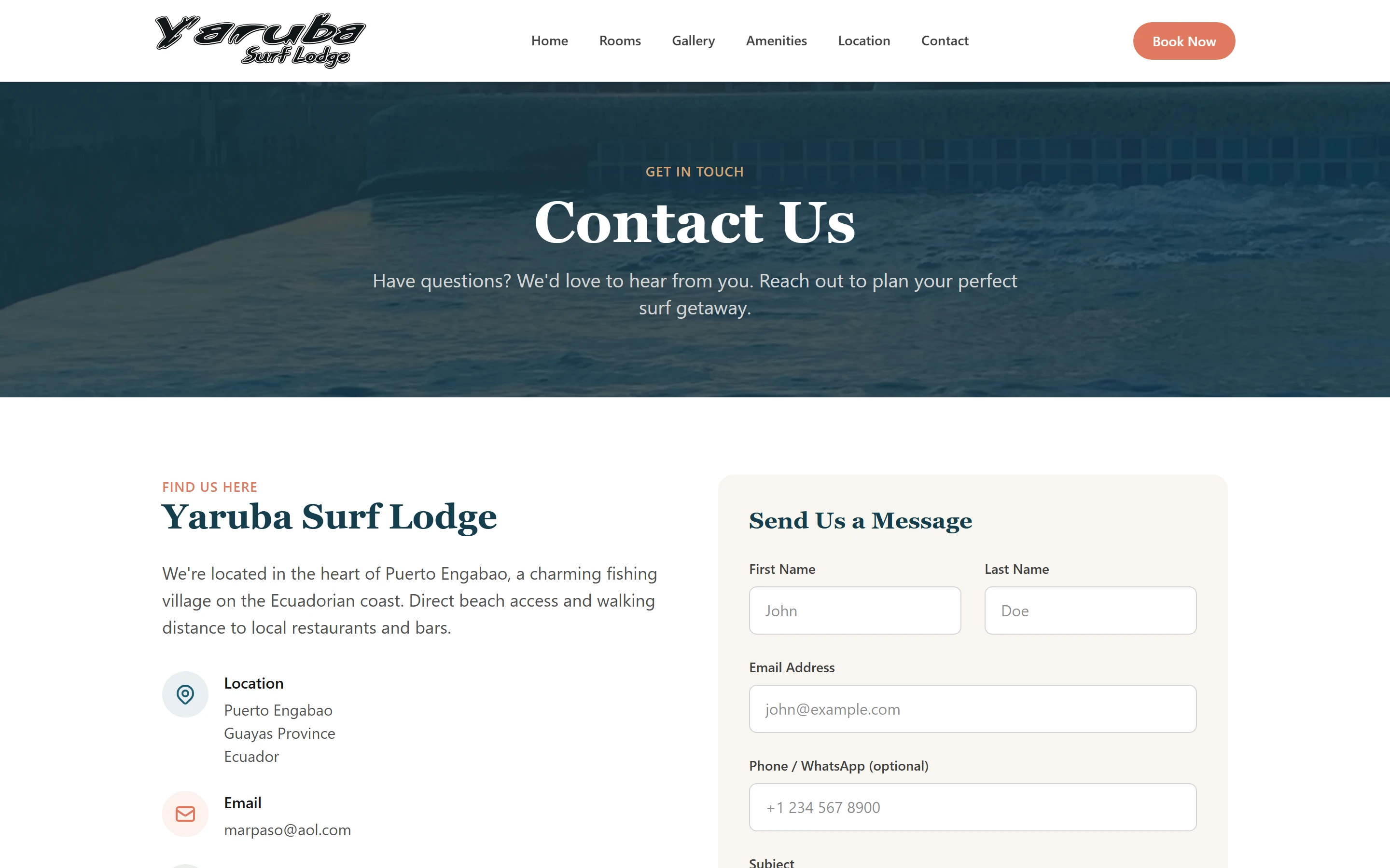 Contact page: an inquiry form with first name, last name, email, phone or WhatsApp, topic and message fields beside the lodge's details and an embedded Google Map.