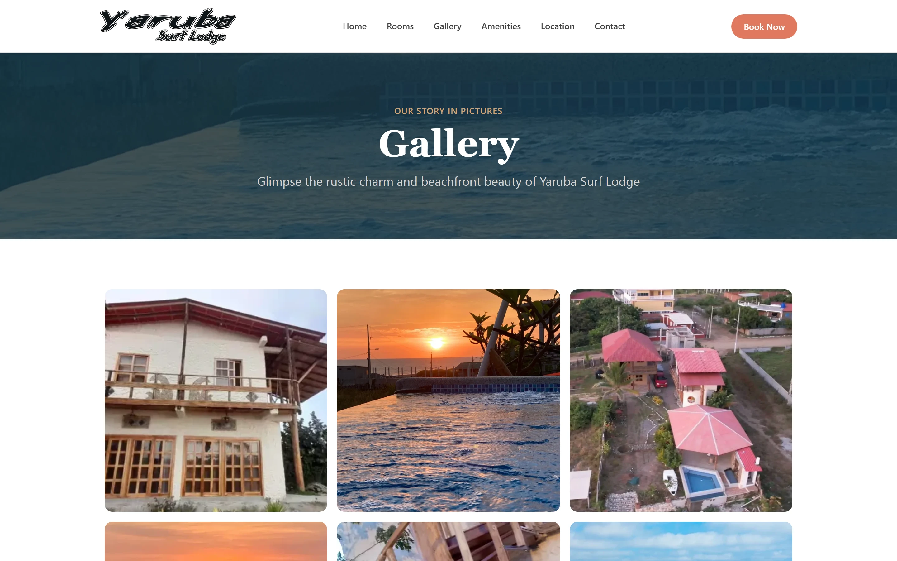 Gallery page, top of the viewport: a dark teal title band over a faded property photo and the first rows of a square photo grid.