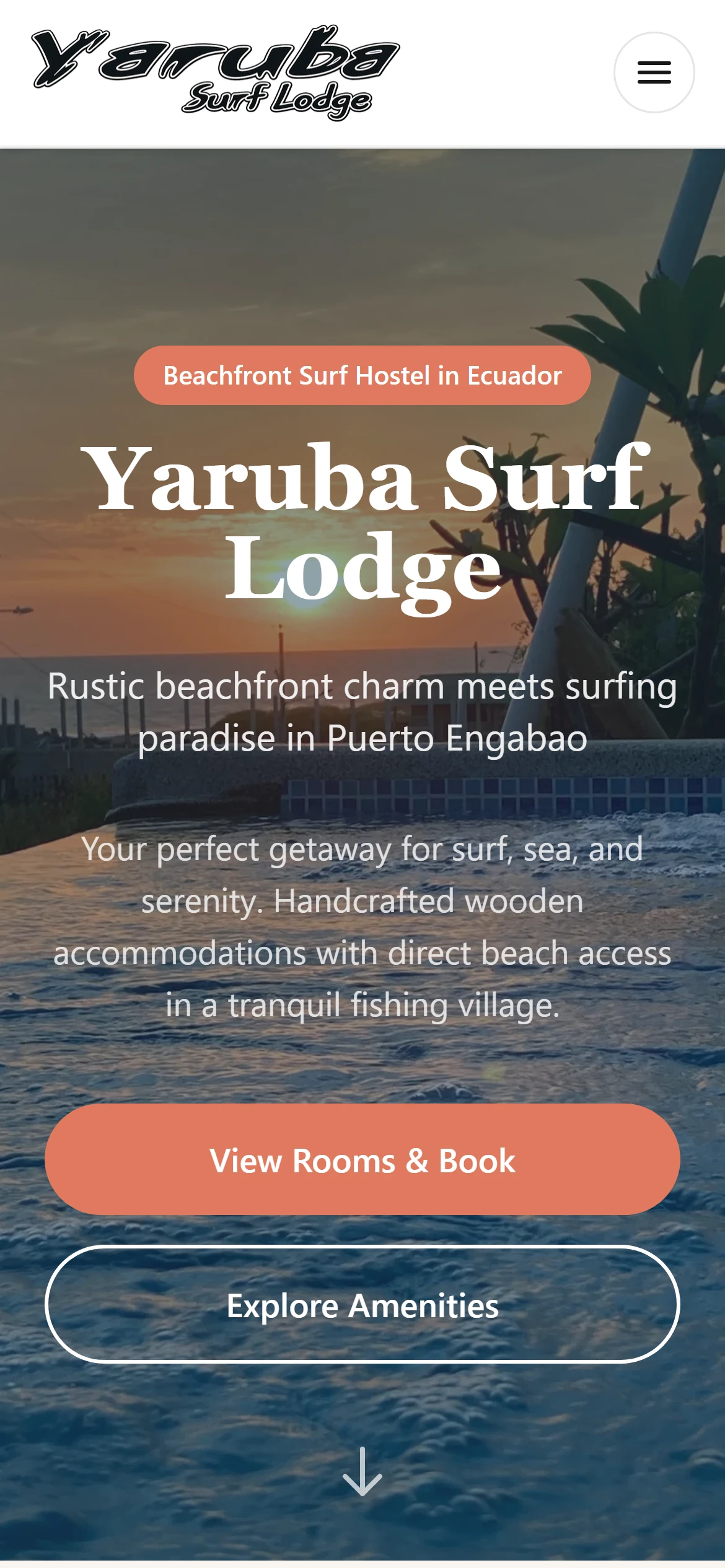 Phone view of the home page: the logo and menu button in the sticky header above the full-height sunset hero, its coral badge and the View Rooms & Book button.