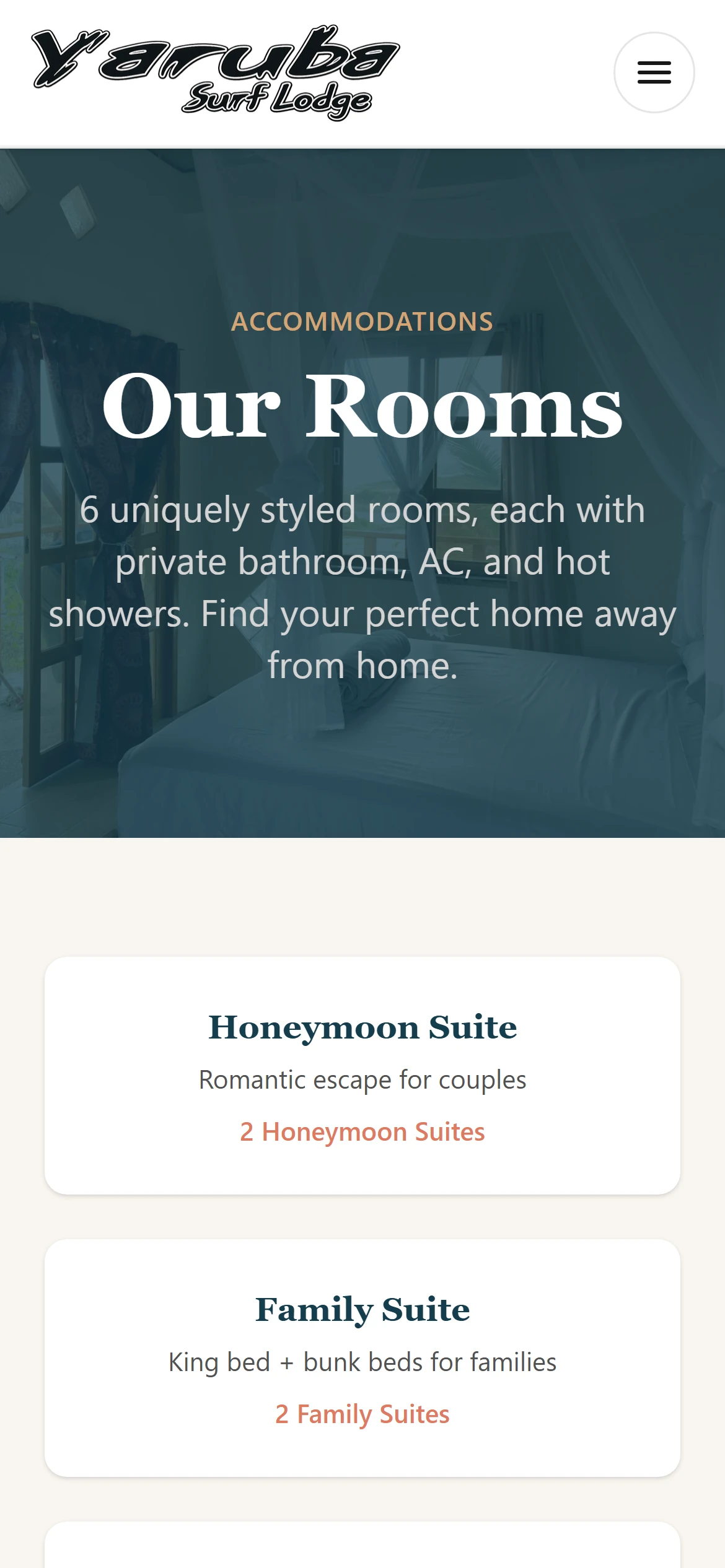 Phone view of the rooms page: the title band and room-type shortcuts, with the room listings stacked in one column below.