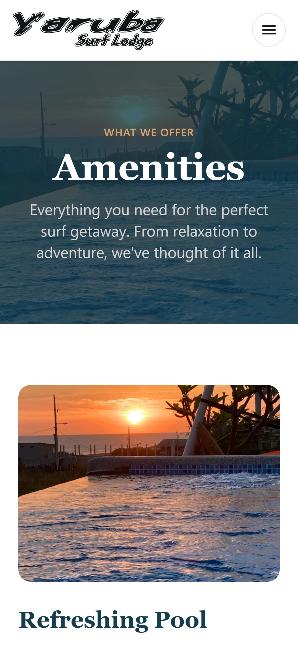 Phone view of the amenities page: the title band, with each amenity's photo stacked above its description in one column.